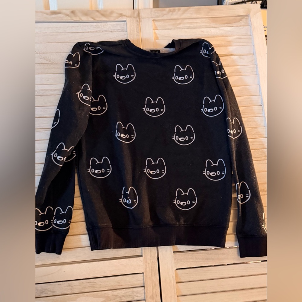 Black Sweatshirt with White Cool Cat  Print one of a kind anime style